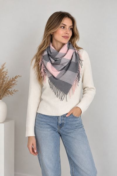 Хустка жіноча тепла в клітинку сіро-рожева Cashmere 3200812869 фото
